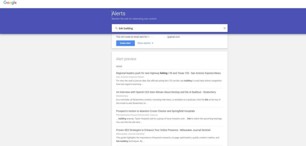 Google Alerts screenshot