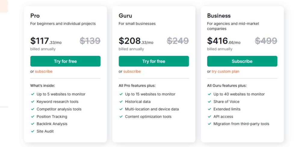 semrush pricing screenshot semrush pricing screenshot