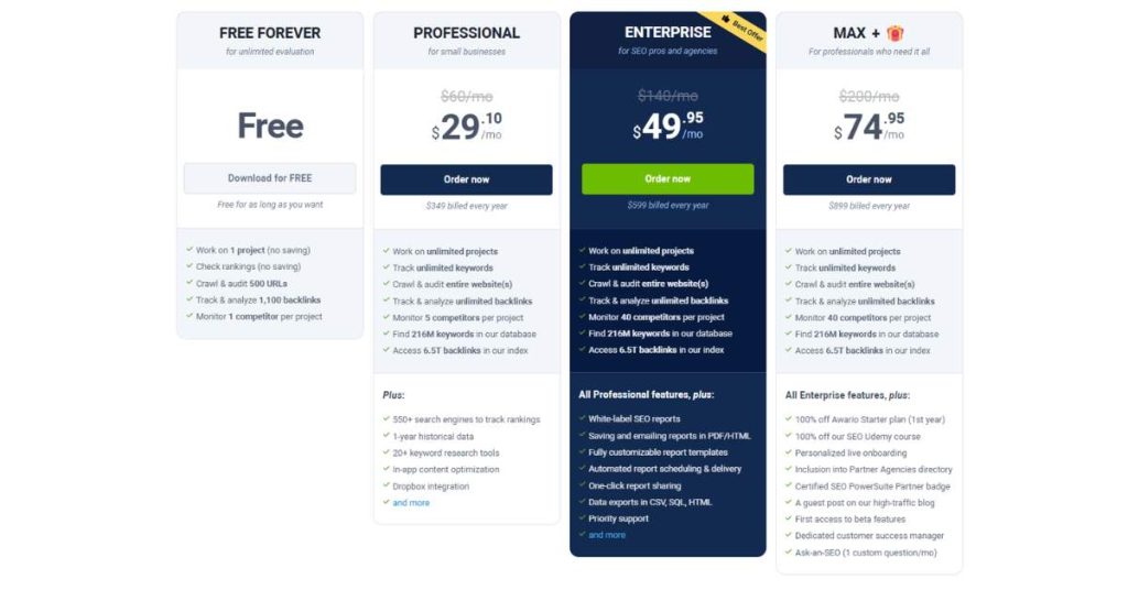 seo spyglass pricing screenshot