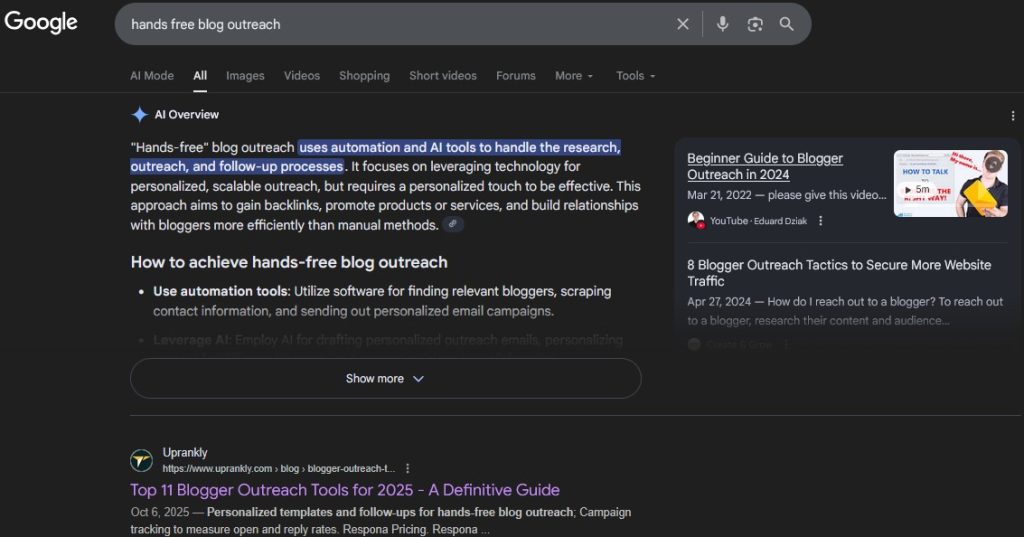 Hands Free Blog Outreach Keyword SERP Result
