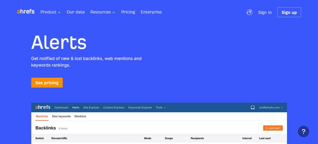 Ahrefs Alerts Homepage