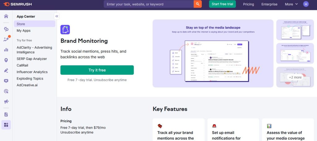 SEMrush Brand Monitoring Homepage
